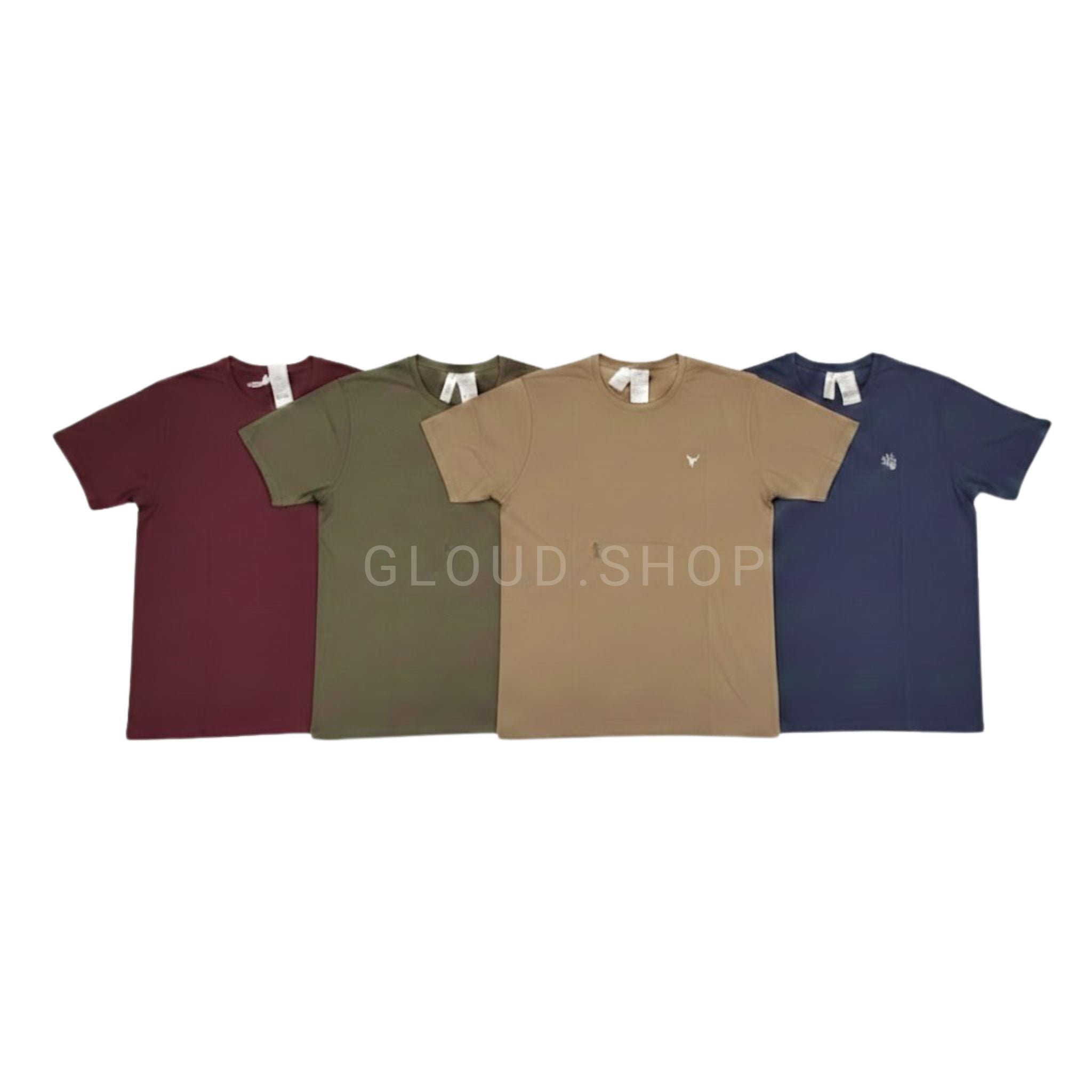 Four t-shirts in different colors arranged in a row on a white background with 'GCLOUD SHOP' branding.