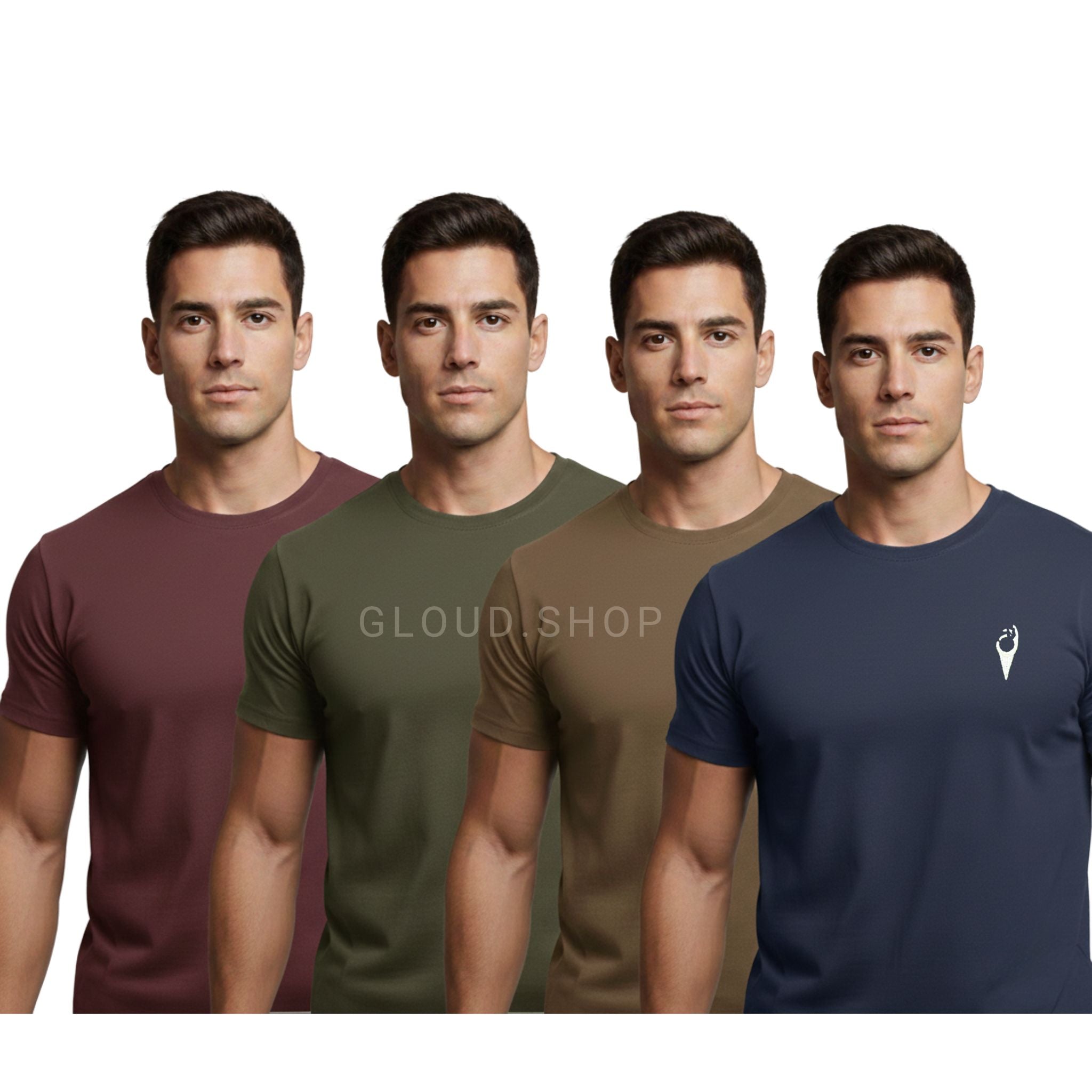 Four men wearing different colored t-shirts with visible brand names on a white background.