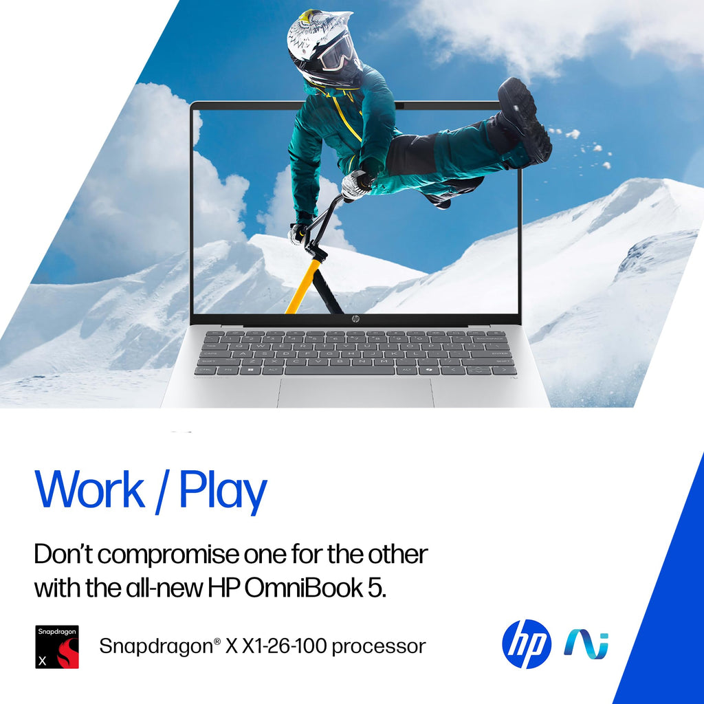 HP Omnibook 5 OLED, Snapdragon X Processor (16GB LPDDR5x,1TB SSD) 2K OLED, Micro-Edge, 16''/40.6cm, Win11, M365*Office24, Glacier Silver, 1.59kg, fb0001QU, FHD Camera, Backlit, Next-Gen AI Laptop