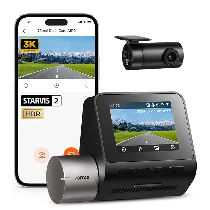 70mai A510 HDR 3K Dual Channel Dash Cam | STARVIS 2 Sensor | ADAS | GPS Logger | Night Owl Vision