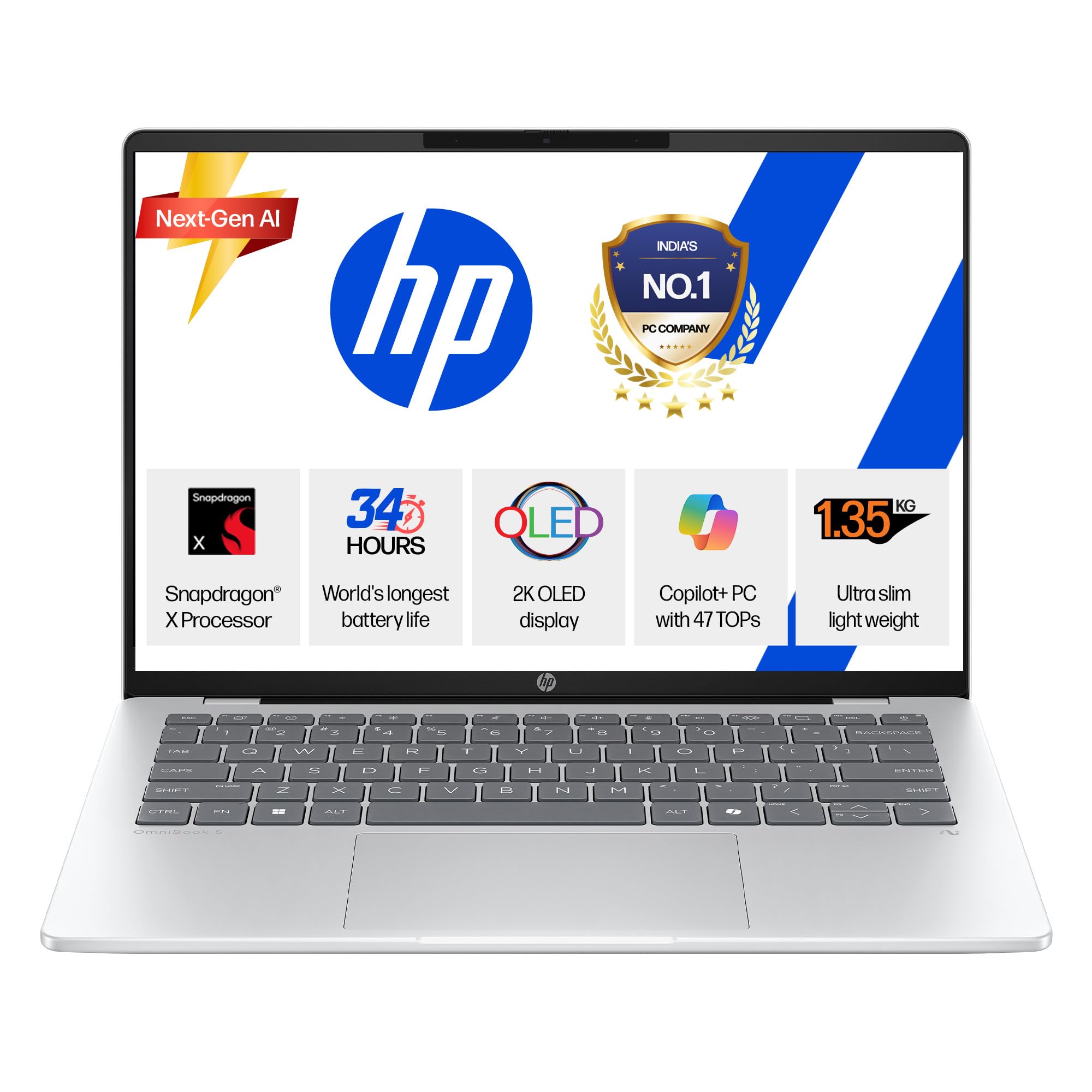 HP Omnibook 5 OLED, Snapdragon X Processor (16GB LPDDR5x,1TB SSD) 2K OLED, Micro-Edge, 16''/40.6cm, Win11, M365*Office24, Glacier Silver, 1.59kg, fb0001QU, FHD Camera, Backlit, Next-Gen AI Laptop