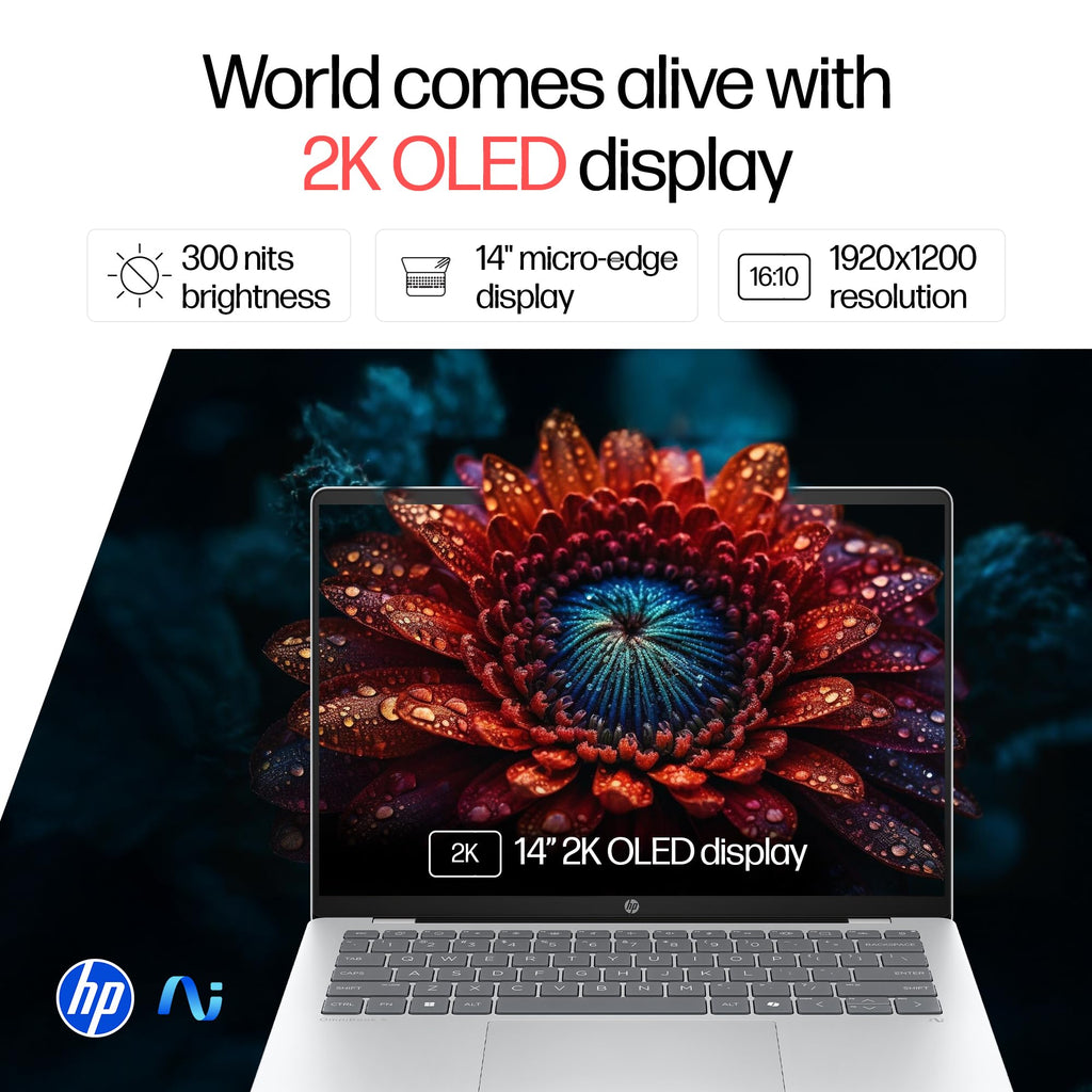 HP Omnibook 5 OLED, Snapdragon X Processor (16GB LPDDR5x,1TB SSD) 2K OLED, Micro-Edge, 16''/40.6cm, Win11, M365*Office24, Glacier Silver, 1.59kg, fb0001QU, FHD Camera, Backlit, Next-Gen AI Laptop