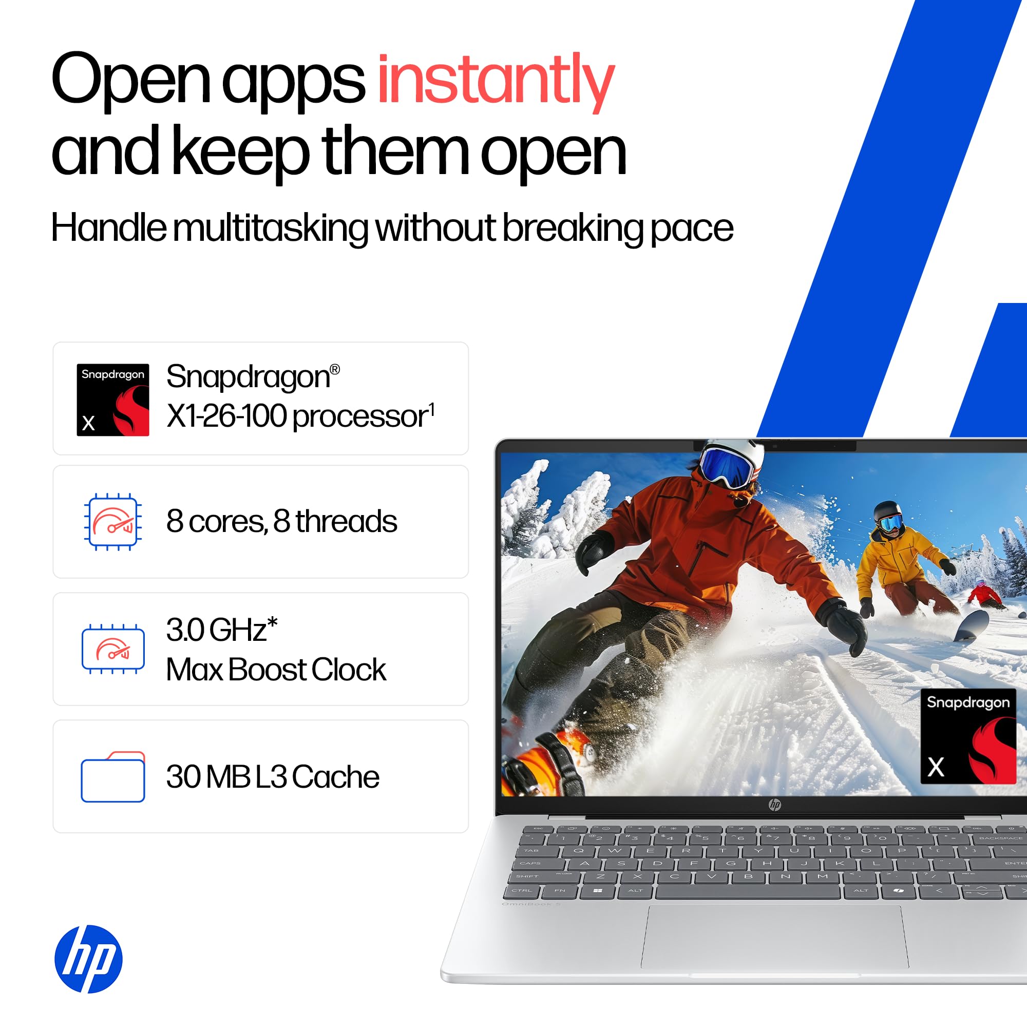 HP Omnibook 5 OLED, Snapdragon X Processor (16GB LPDDR5x,1TB SSD) 2K OLED, Micro-Edge, 16''/40.6cm, Win11, M365*Office24, Glacier Silver, 1.59kg, fb0001QU, FHD Camera, Backlit, Next-Gen AI Laptop