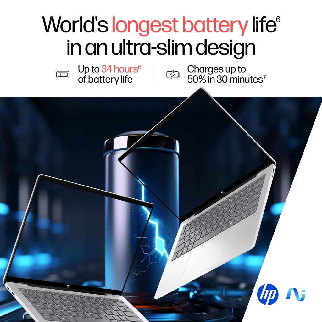 HP Omnibook 5 OLED, Snapdragon X Processor (16GB LPDDR5x,1TB SSD) 2K OLED, Micro-Edge, 16''/40.6cm, Win11, M365*Office24, Glacier Silver, 1.59kg, fb0001QU, FHD Camera, Backlit, Next-Gen AI Laptop