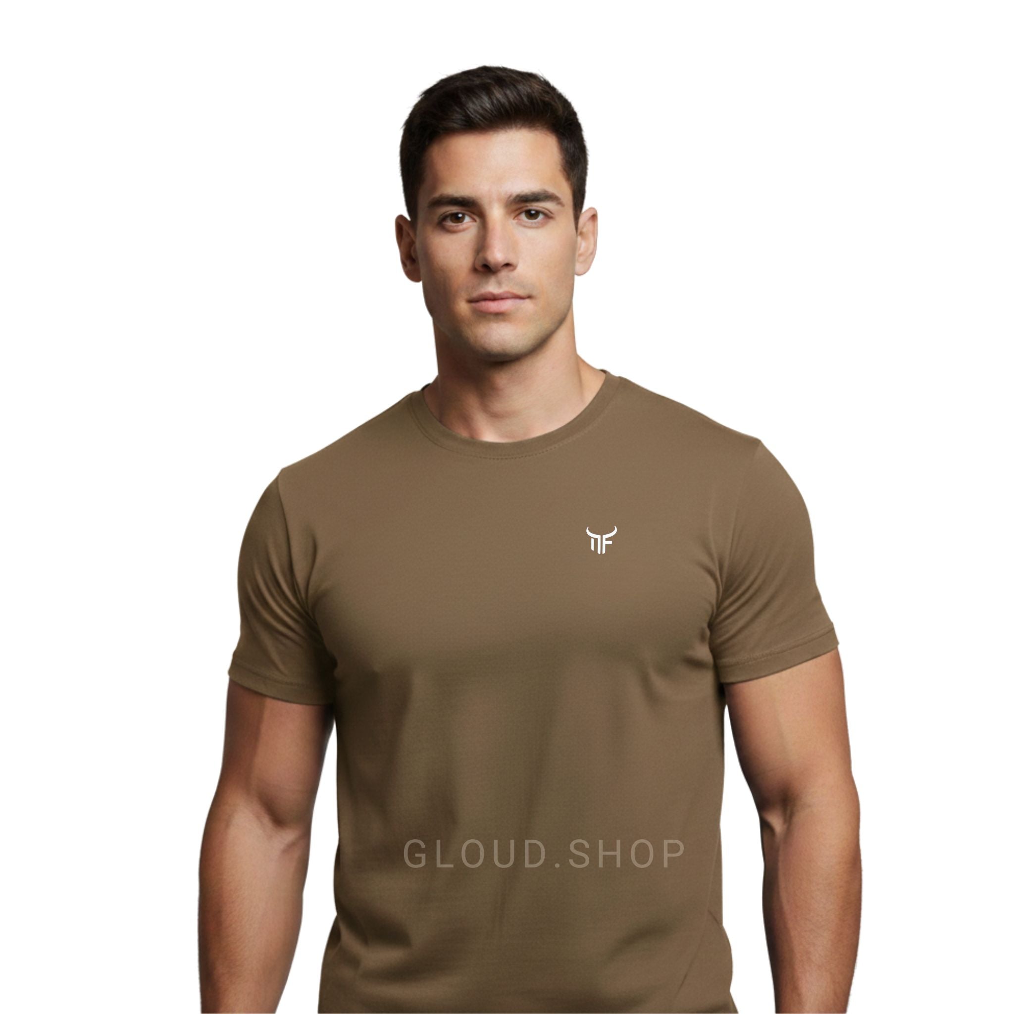 Man wearing a brown t-shirt with a logo on a white background