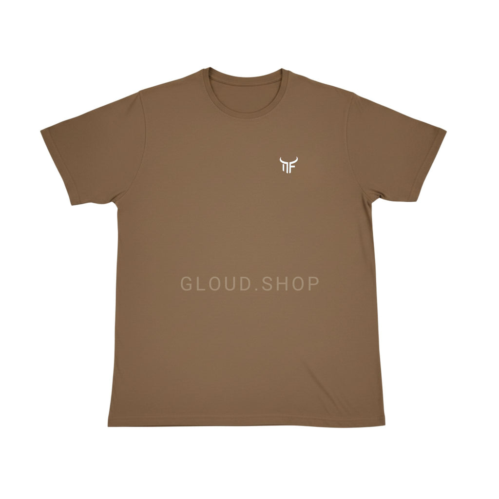 Brown t-shirt with a logo and 'GLOUD.SHOP' text on a white background