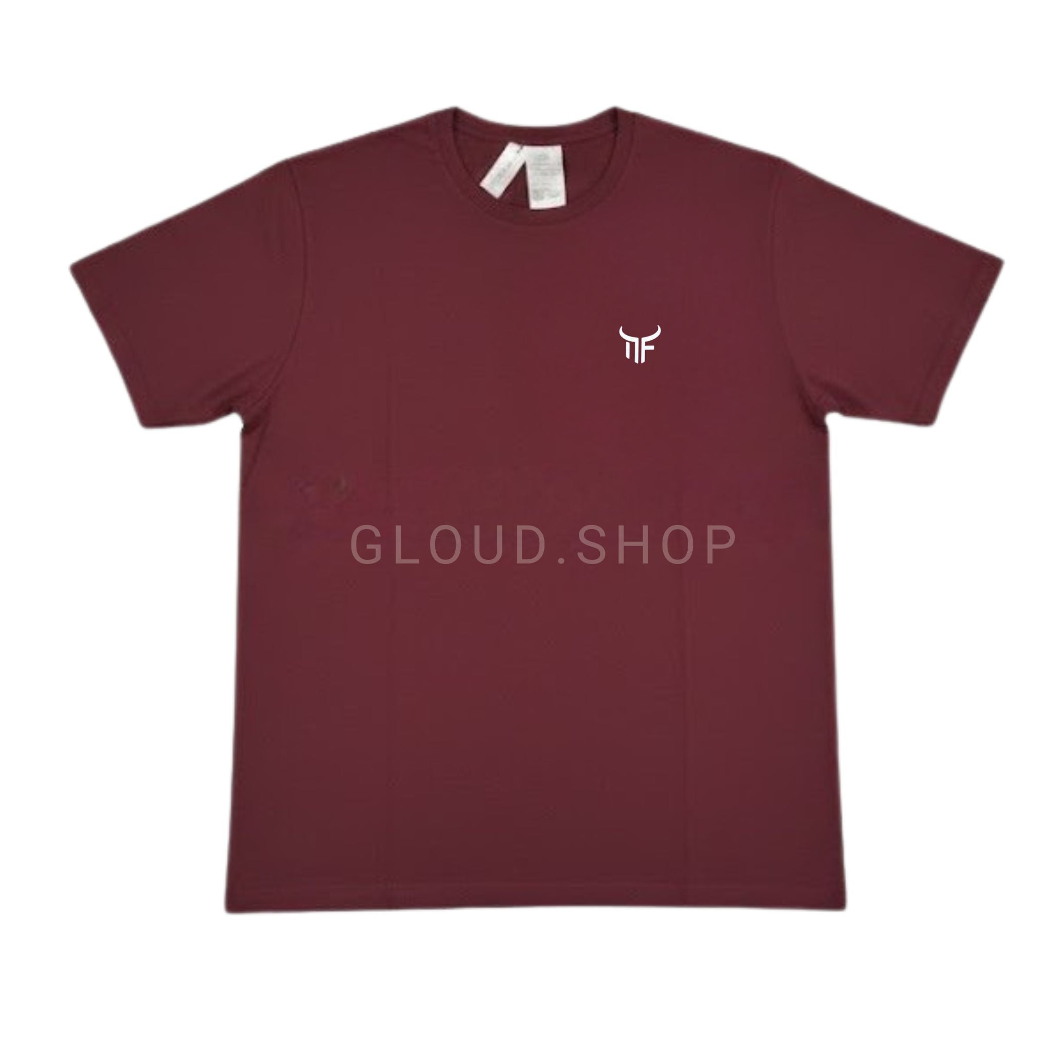 Maroon t-shirt with a small logo on a white background