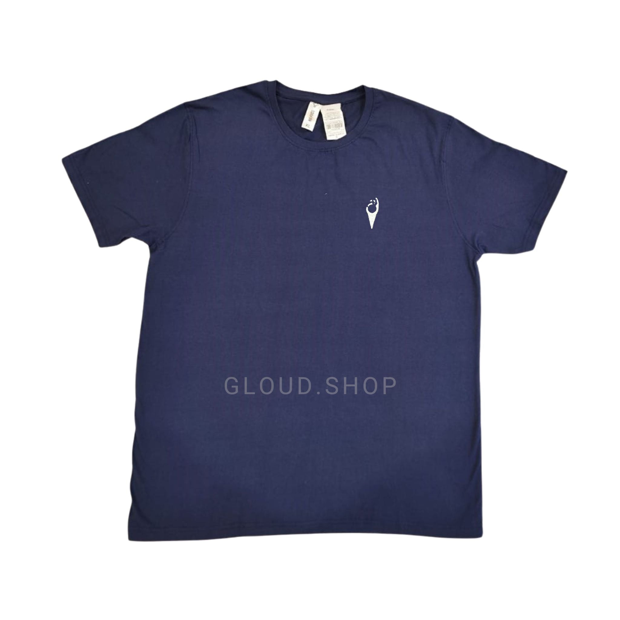 Navy blue t-shirt with a small white logo on a white background