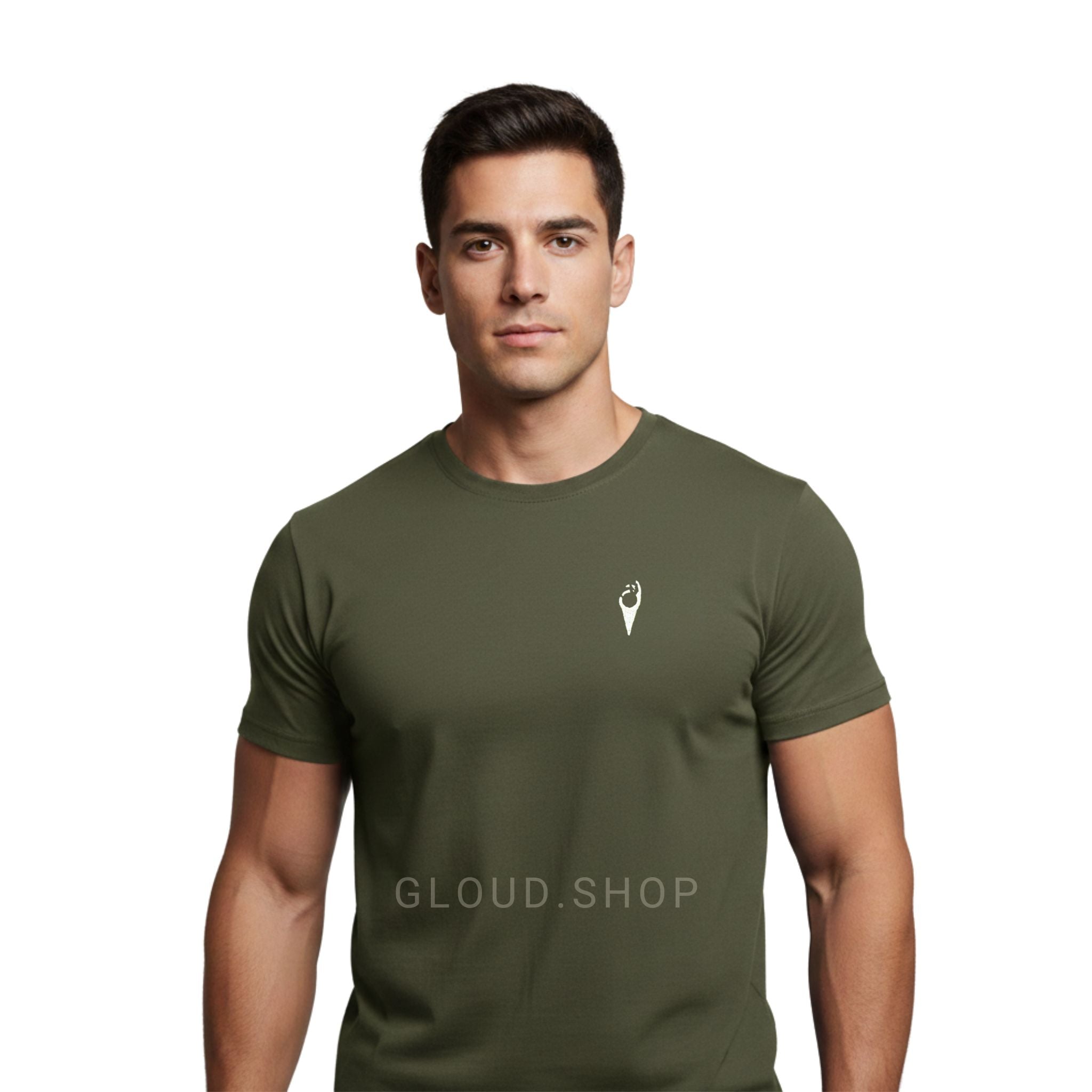 Man wearing a green t-shirt with a small logo on a white background