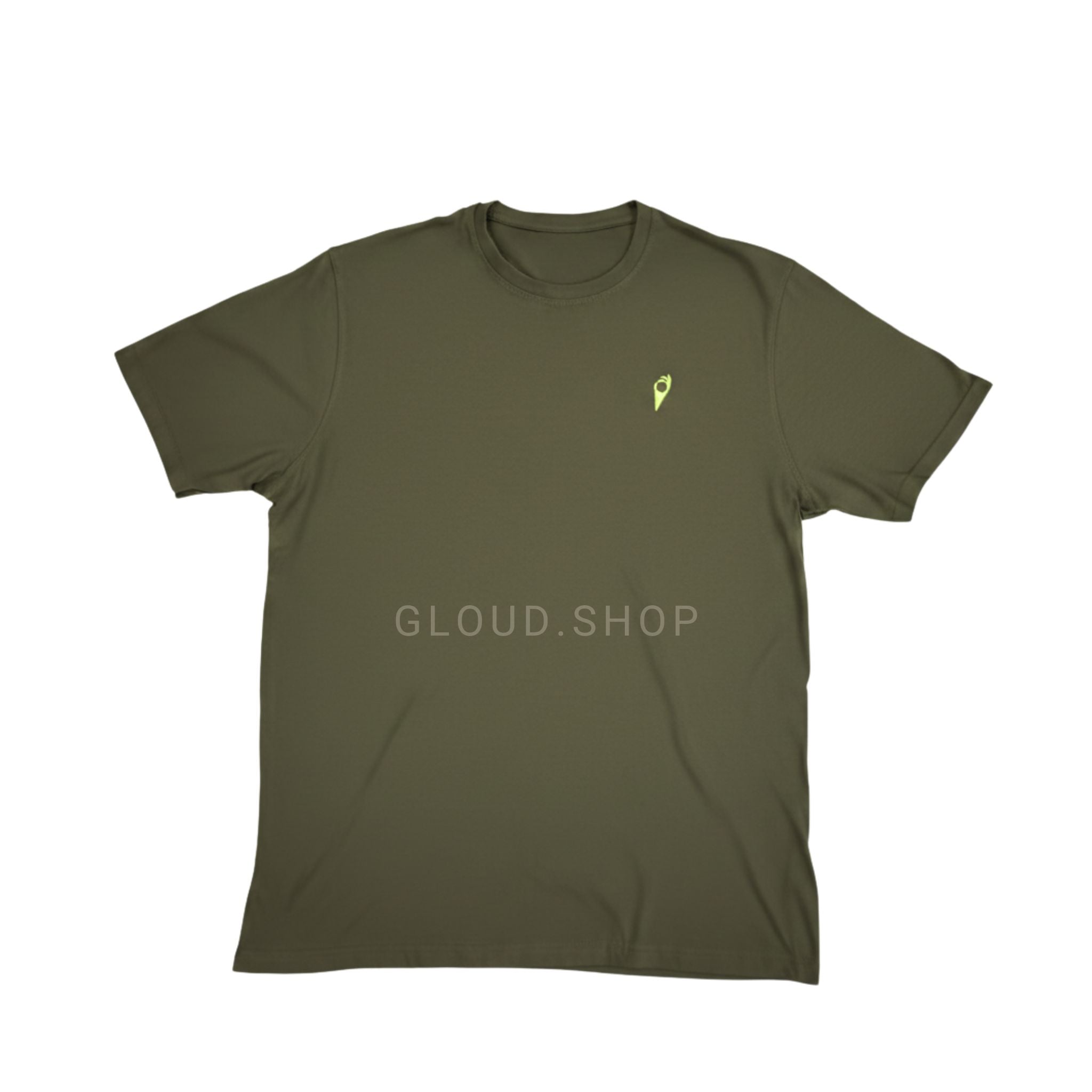 Green t-shirt with a small logo on a white background